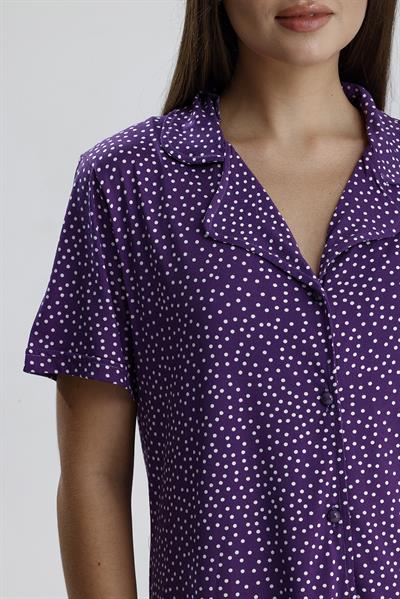 Kadın Düğmeli Puantiye Desen Kısa Kollu Pijama Takım | Mor