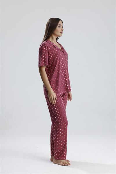 Kadın Düğmeli Puantiye Desen Kısa Kollu Pijama Takım | Mürdüm