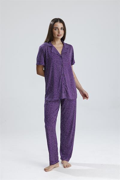 Kadın Düğmeli Puantiye Desen Kısa Kollu Pijama Takım | Mor