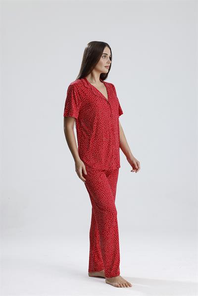 Kadın Düğmeli Puantiye Desen Kısa Kollu Pijama Takım | Kırmızı
