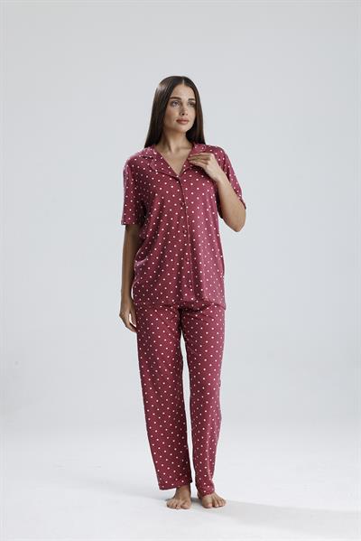 Kadın Düğmeli Puantiye Desen Kısa Kollu Pijama Takım | Mürdüm