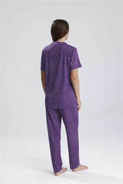 Kadın Düğmeli Puantiye Desen Kısa Kollu Pijama Takım | Mor