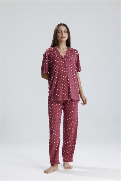 Kadın Düğmeli Puantiye Desen Kısa Kollu Pijama Takım | Mürdüm