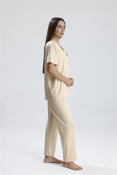 Kadın Düğmeli Puantiye Desen Kısa Kollu Pijama Takım | Bej