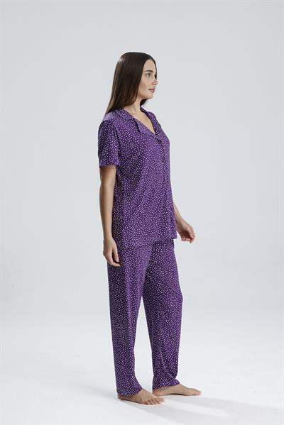 Kadın Düğmeli Puantiye Desen Kısa Kollu Pijama Takım | Mor