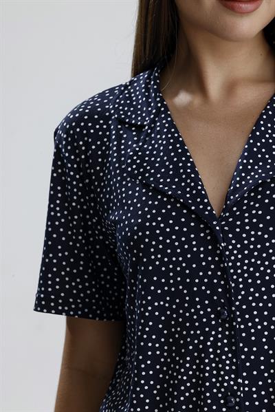 Kadın Düğmeli Puantiye Desen Kısa Kollu Pijama Takım | Lacivert