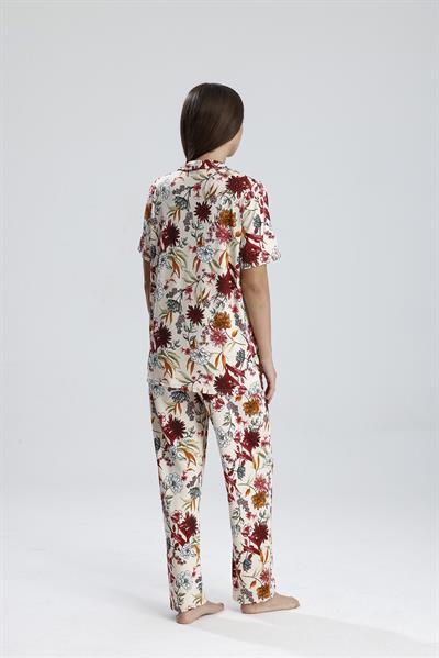 Kadın Düğmeli Şal Desen Kısa Kollu Pijama Takım