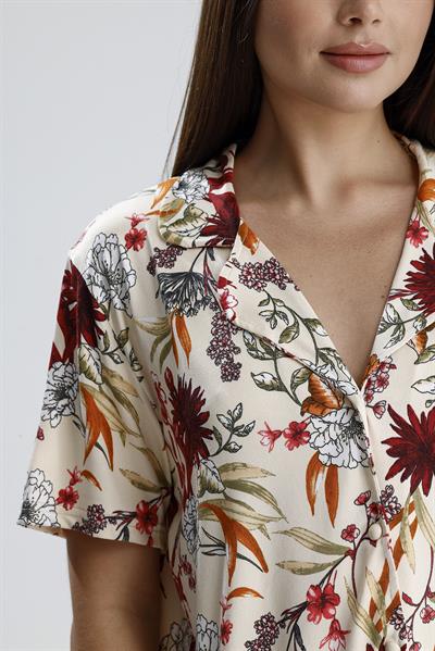 Kadın Düğmeli Şal Desen Kısa Kollu Pijama Takım