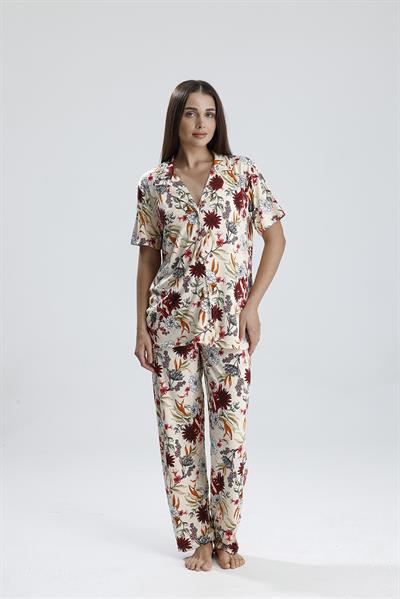 Kadın Düğmeli Şal Desen Kısa Kollu Pijama Takım