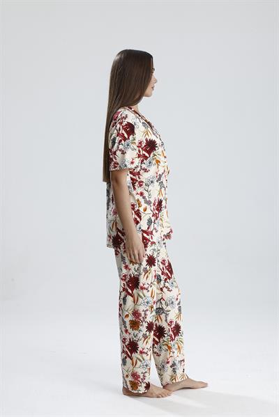 Kadın Düğmeli Şal Desen Kısa Kollu Pijama Takım