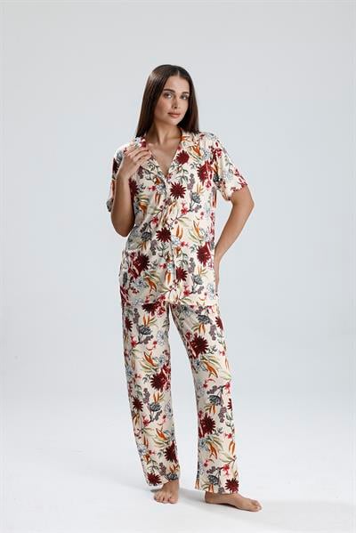 Kadın Düğmeli Şal Desen Kısa Kollu Pijama Takım