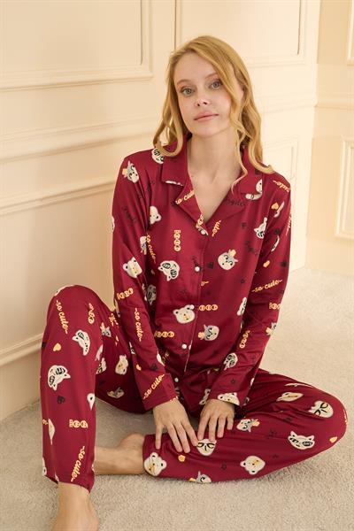 Kadın Sandy Genç Önden Düğmeli Pijama Takımı | Bordo 19103-555