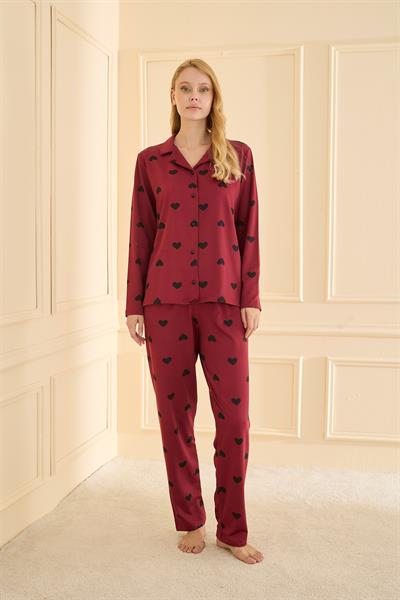 Kadın Sandy Genç Önden Düğmeli Pijama Takımı | Bordo 19103-031