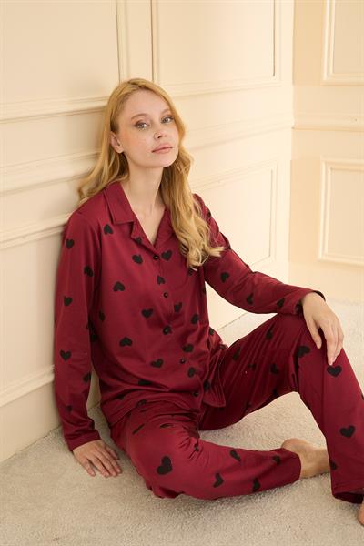 Kadın Sandy Genç Önden Düğmeli Pijama Takımı | Bordo 19103-031