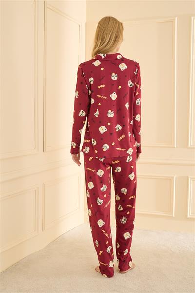 Kadın Sandy Genç Önden Düğmeli Pijama Takımı | Bordo 19103-555