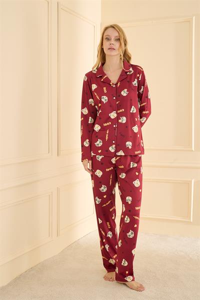 Kadın Sandy Genç Önden Düğmeli Pijama Takımı | Bordo 19103-555