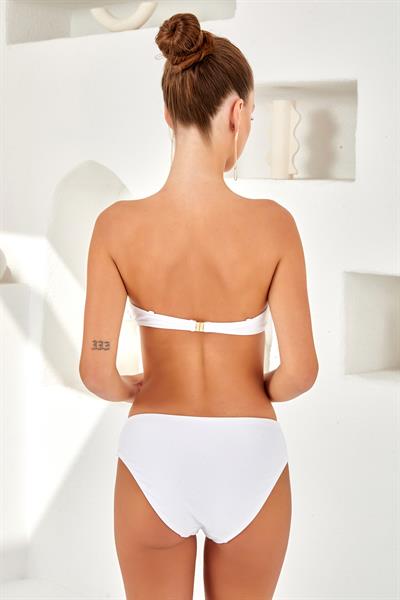Kadın V Dekolteli Gold Aksesuarlı Straplez Bikini Takım | Beyaz 4257