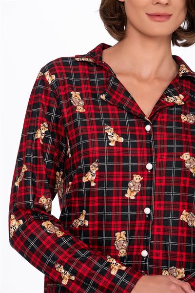 Kadın Süet Önden Düğmeli Pijama Takımı | Ayıcık Desen