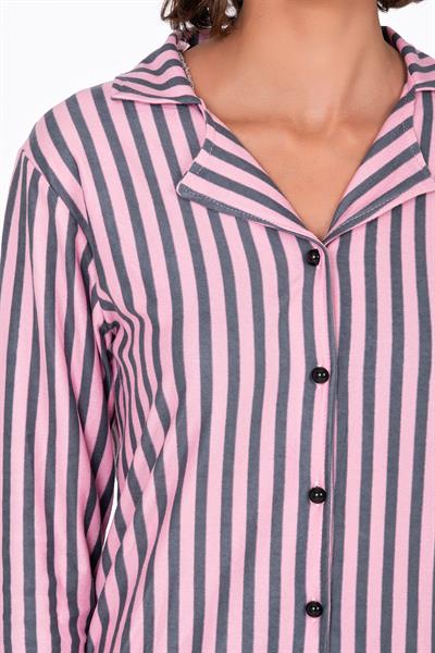 Kadın Süet Önden Düğmeli Pijama Takımı | Çizgili Pembe