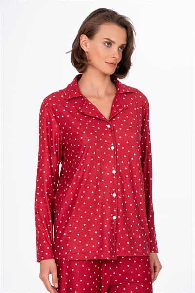 Kadın Süet Önden Düğmeli Pijama Takımı | Kalpli Kırmızı