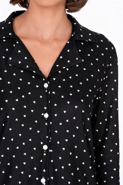 Kadın Süet Önden Düğmeli Pijama Takımı | Kalpli Siyah