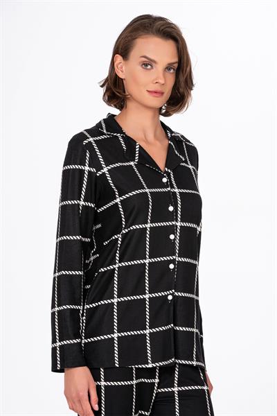 Kadın Süet Önden Düğmeli Pijama Takımı | Beyaz Çizgili