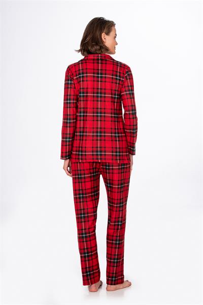 Kadın Süet Önden Düğmeli Pijama Takımı | Ekose Kırmızı