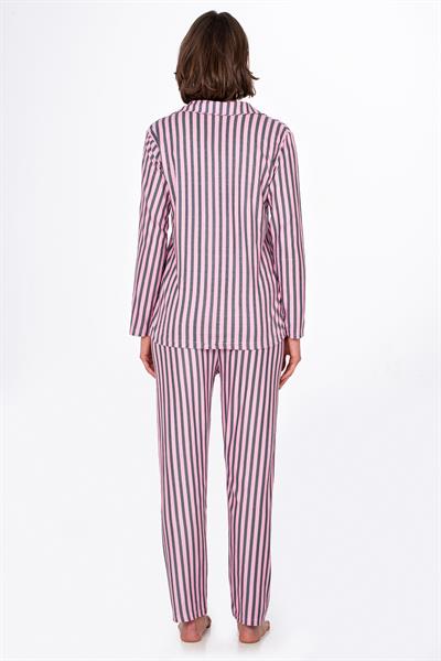 Kadın Süet Önden Düğmeli Pijama Takımı | Çizgili Pembe