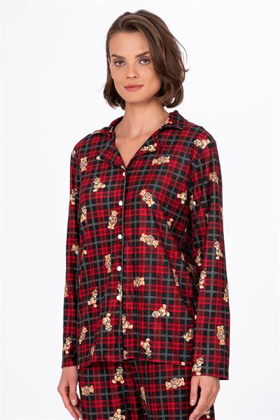 Kadın Süet Önden Düğmeli Pijama Takımı | Ayıcık Desen