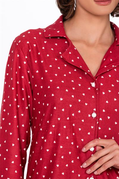 Kadın Süet Önden Düğmeli Pijama Takımı | Kalpli Kırmızı
