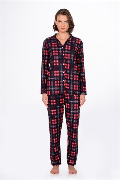 Kadın Süet Önden Düğmeli Pijama Takımı | Ekose Lacivert