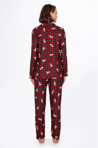 Kadın Süet Önden Düğmeli Pijama Takımı | Ayıcık Desen