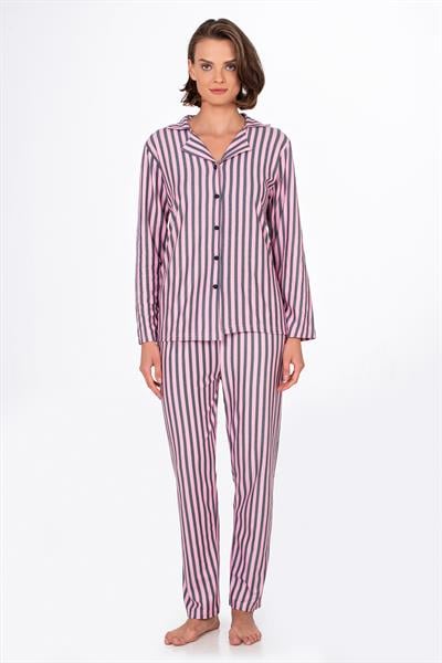 Kadın Süet Önden Düğmeli Pijama Takımı | Çizgili Pembe