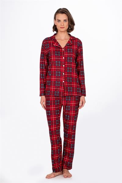 Kadın Süet Önden Düğmeli Pijama Takımı | Ekose Kırmızı - Lacivert