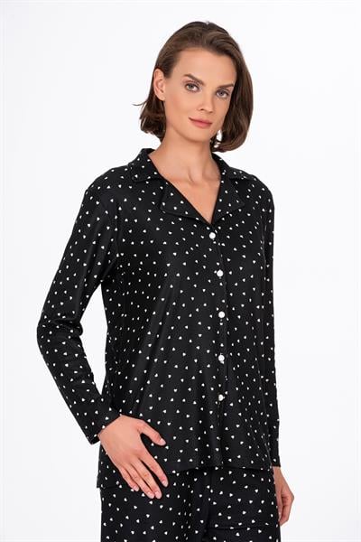 Kadın Süet Önden Düğmeli Pijama Takımı | Kalpli Siyah