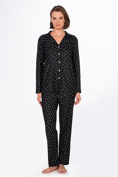 Kadın Süet Önden Düğmeli Pijama Takımı | Kalpli Siyah