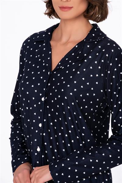 Kadın Süet Önden Düğmeli Pijama Takımı | Kalpli Lacivert