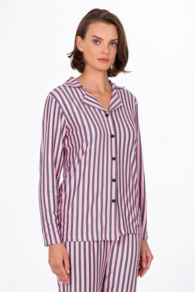 Kadın Süet Önden Düğmeli Pijama Takımı | Çizgili Pembe