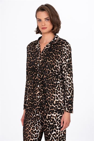 Kadın Süet Önden Düğmeli Pijama Takımı | Leopar