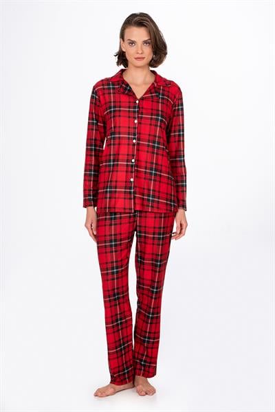 Kadın Süet Önden Düğmeli Pijama Takımı | Ekose Kırmızı