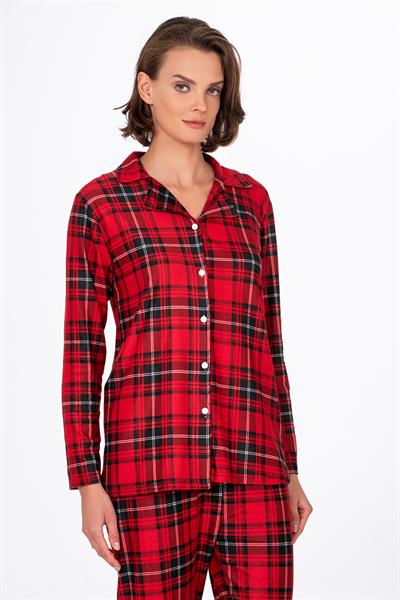 Kadın Süet Önden Düğmeli Pijama Takımı | Ekose Kırmızı