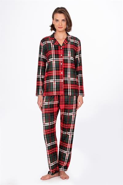 Kadın Süet Önden Düğmeli Pijama Takımı | Yeşil Ekose