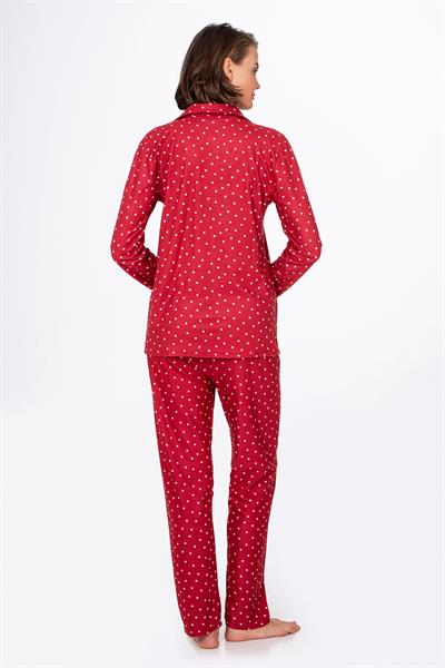 Kadın Süet Önden Düğmeli Pijama Takımı | Kalpli Kırmızı