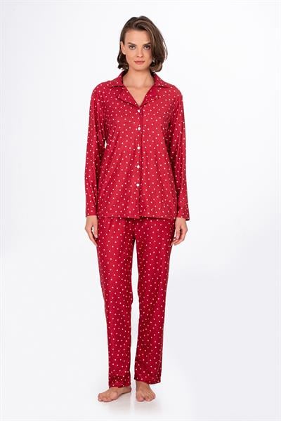Kadın Süet Önden Düğmeli Pijama Takımı | Kalpli Kırmızı