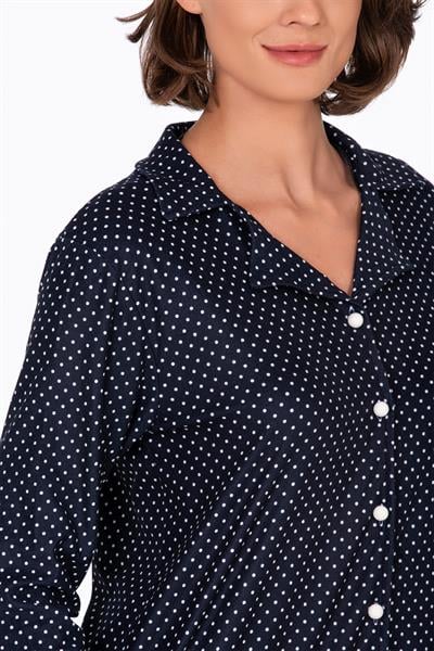 Kadın Süet Önden Düğmeli Pijama Takımı | Puantiyeli Lacivert