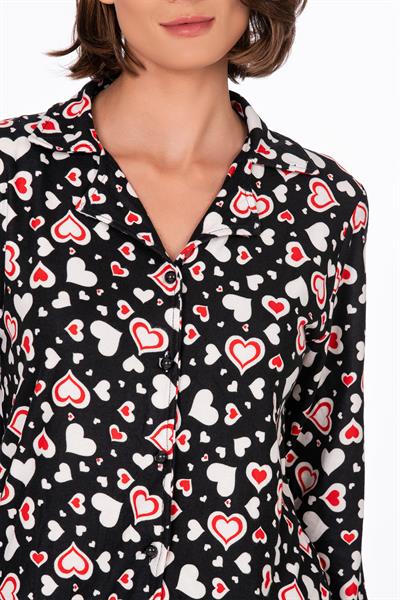 Kadın Süet Önden Düğmeli Pijama Takımı | Kalpli