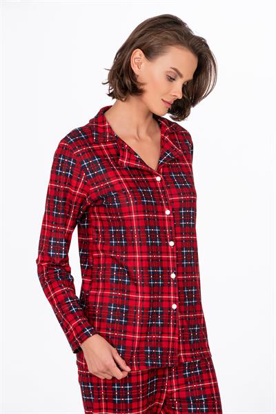 Kadın Süet Önden Düğmeli Pijama Takımı | Ekose Kırmızı - Lacivert