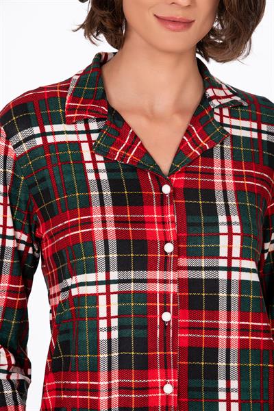 Kadın Süet Önden Düğmeli Pijama Takımı | Yeşil Ekose