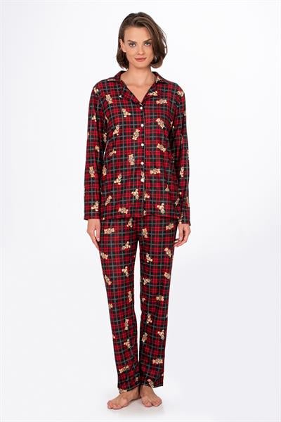 Kadın Süet Önden Düğmeli Pijama Takımı | Ayıcık Desen