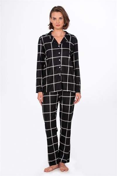 Kadın Süet Önden Düğmeli Pijama Takımı | Beyaz Çizgili
